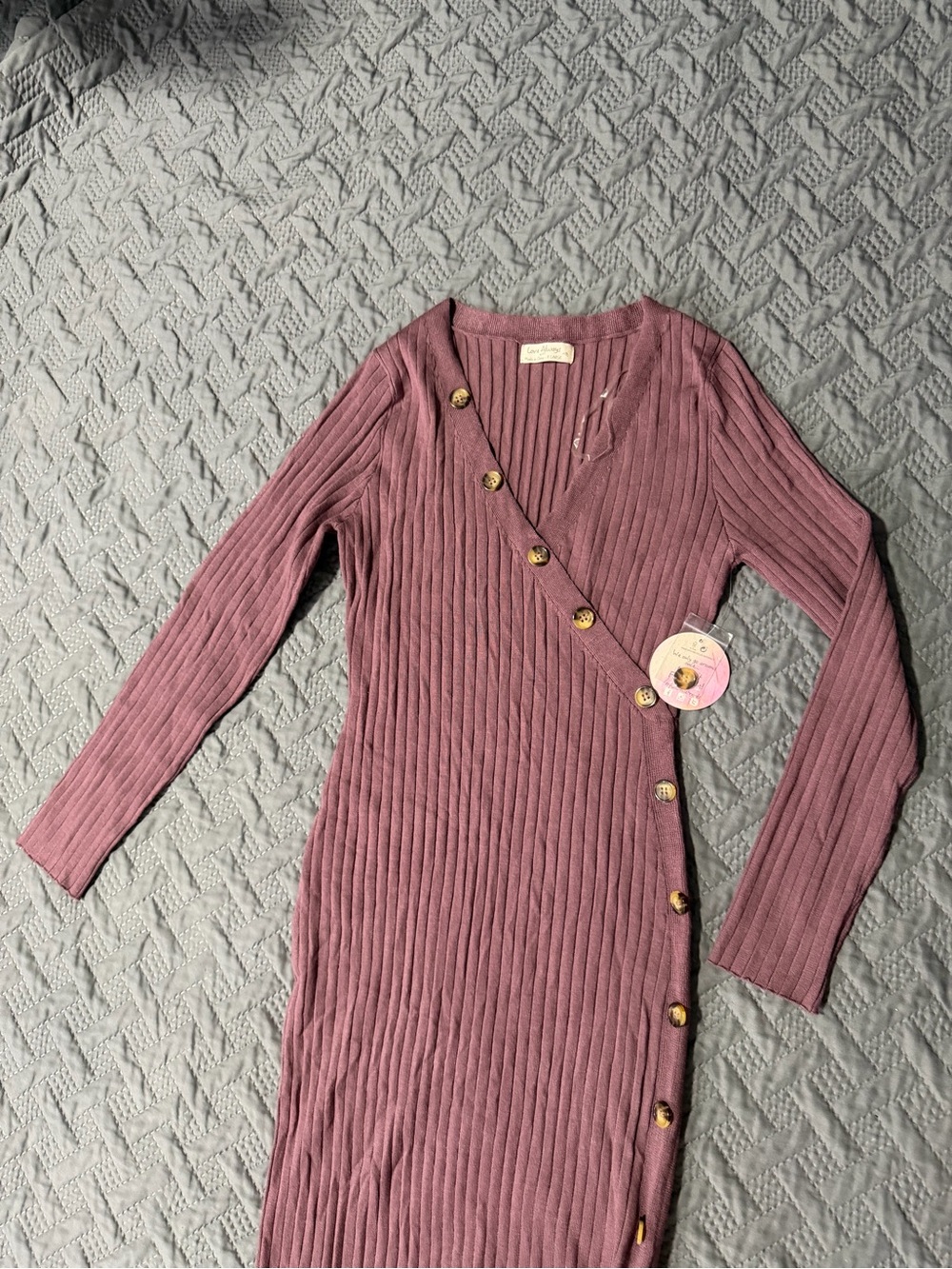 Ribbed Wrap-Style Long Sleeve Dress in Mauve